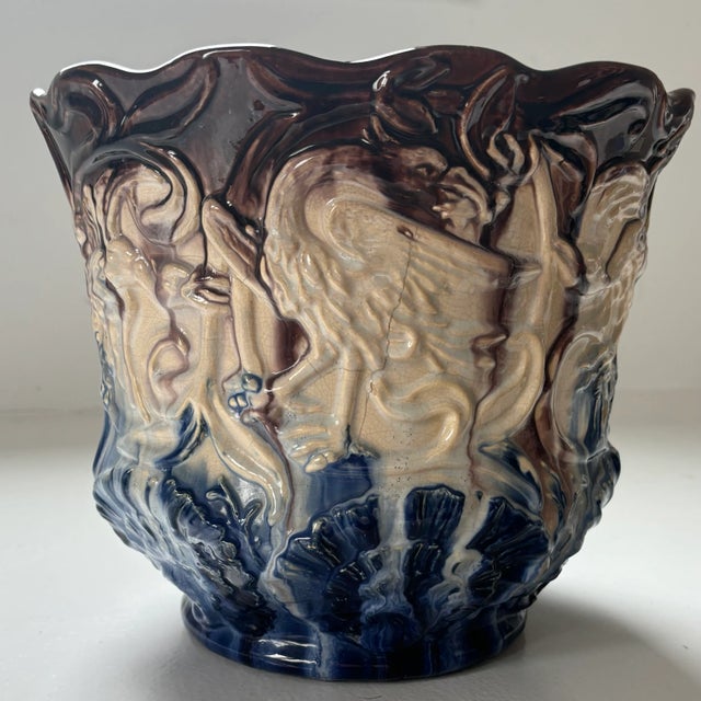 Victorian Antique Majolica Winged Griffin Jardiniere by J B Owens Pottery, 1900s For Sale - Image 3 of 11
