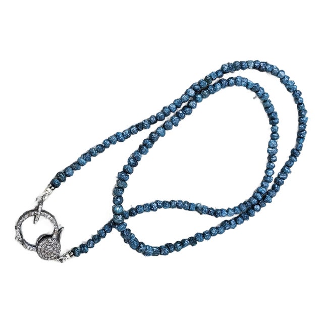 Blue Sparkling Raw Diamond Nugget Beaded Necklace Diamond Clasp For Sale