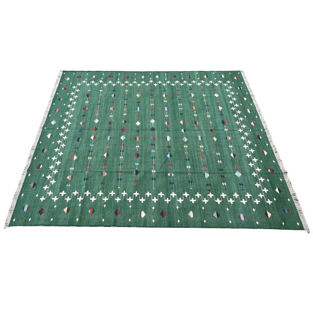 Mid-Century Modern Handmade Cotton Area Rug, Vegetable Dyed, Forest Green Shooting Star Dhurrie -8'x10' For Sale - Image 3 of 14