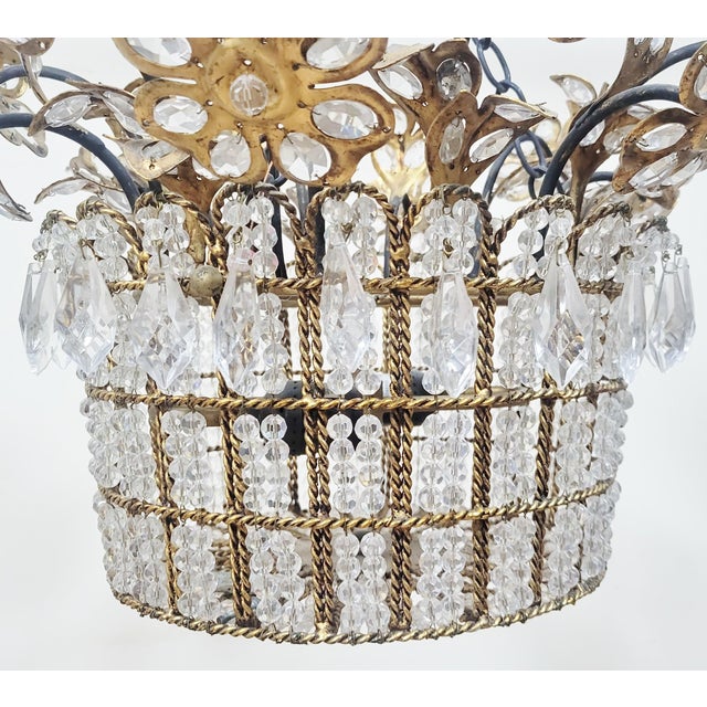 Bronze Vintage French Designer Mid-Century Modern Crystal & Bronze Flower Basket Chandelier For Sale - Image 8 of 13