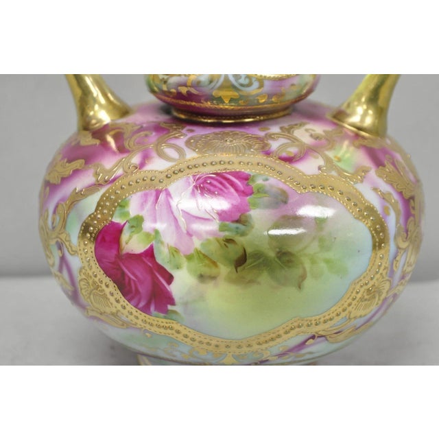 Antique Austrian Hand Painted Moriage Porcelain Double Swung Handle Bulbous Vase For Sale - Image 11 of 16
