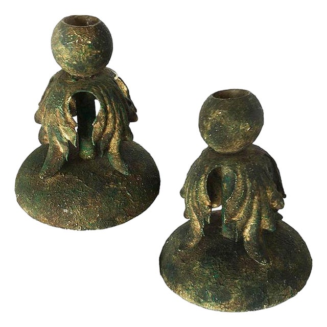 1970s Cast Iron Candlestick Holder With Baroque Leaf Accents, Pair For Sale