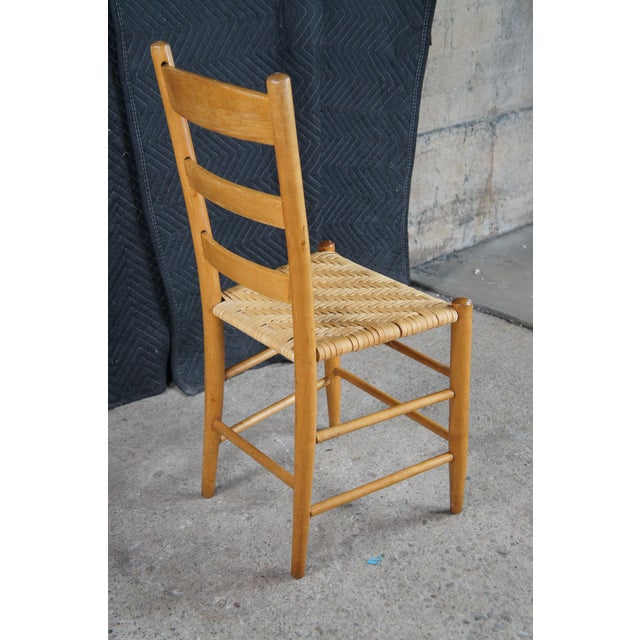 6 Antique Country Farmhouse Maple Ladderback Woven Rattan Dining Chairs For Sale - Image 4 of 12