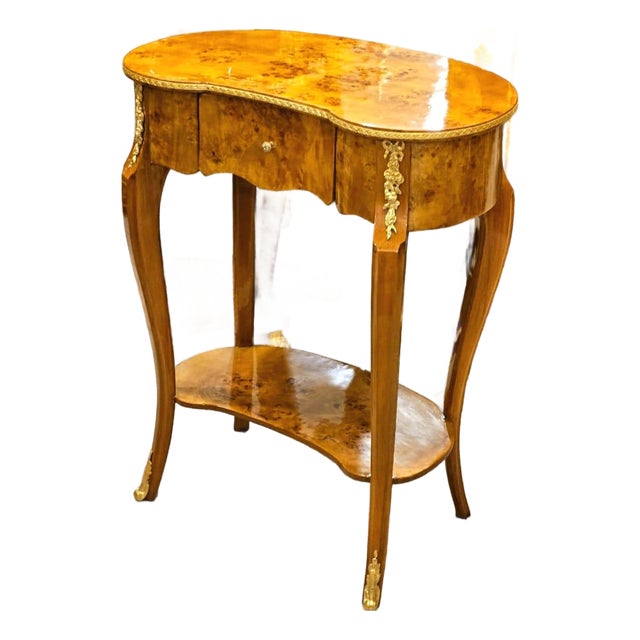 French Louis XV Burl Wood Side Table With Drawer, Bronze Ormolu & Gold Leaf Accents For Sale