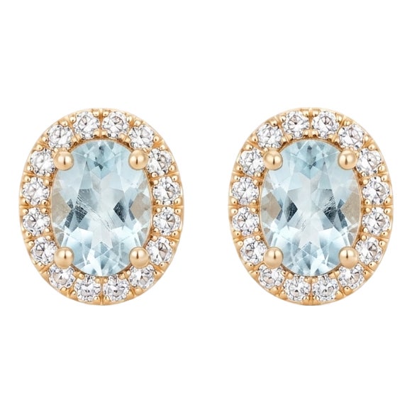 Royal Aquamarine Studs Earrings | 18k Gold Plated Dainty Gemstone Studs | March Birthstone Studs for Woman - A Pair For Sale