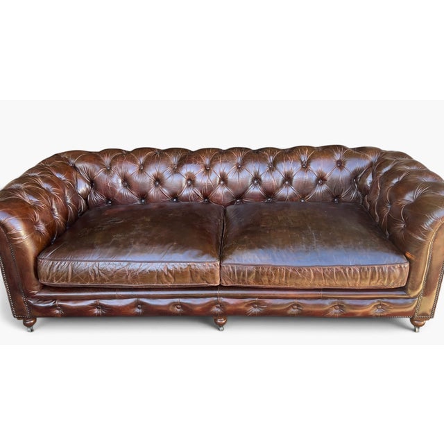 Restoration Hardware Chesterfield Cognac Leather Sofa With Brass Nailhead & Casters For Sale - Image 12 of 16