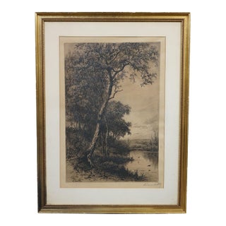 Antique Hendrik Dirk Kruseman Van Elten Signed Tree Pond Landscape Etching 25" For Sale
