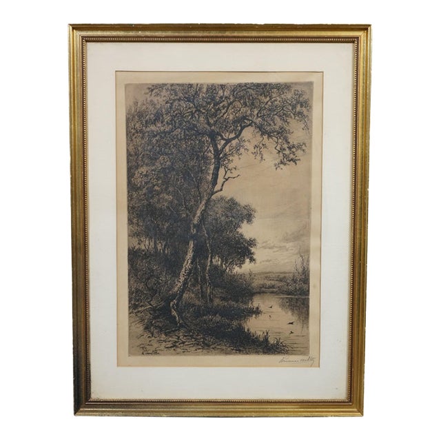 Antique Hendrik Dirk Kruseman Van Elten Signed Tree Pond Landscape Etching 25" For Sale