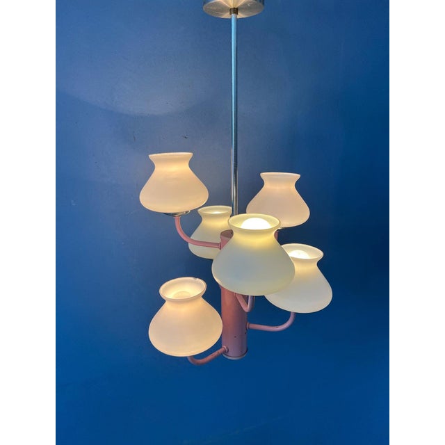 Mid-Century White Opaline Glass Chandelier with Pink Frame For Sale - Image 4 of 13