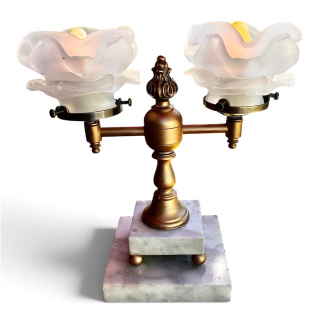 1950s Art Nouveau Style Double Arm Table Lamp With Frosted Floral Shaped Art Glass Shades For Sale - Image 14 of 15