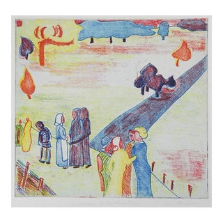 Vintage Surreal Color Figures Trees Etching For Sale