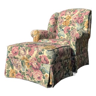 Vintage Hickory Hill Floral Upholstered Armchair & Ottoman | Traditional English Country Style For Sale