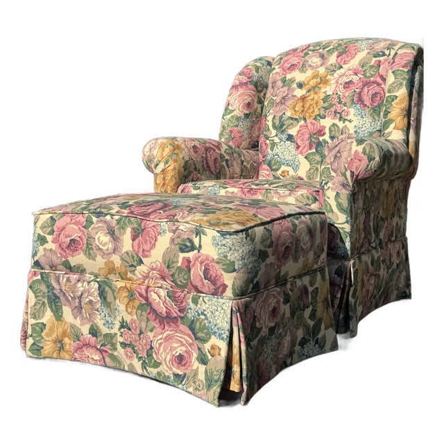 Vintage Hickory Hill Floral Upholstered Armchair & Ottoman | Traditional English Country Style For Sale