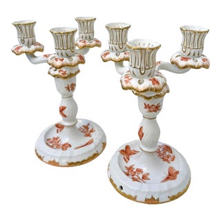 Late 20th Century Herend Chinese Bouquet Rust Porcelain Candelabra — Pair For Sale