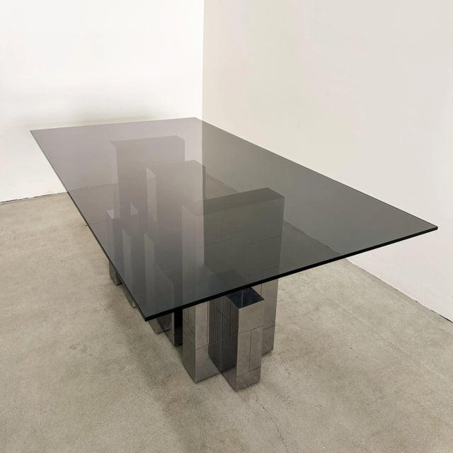 Metal Vintage MCM Paul Evans Cityscape Dining Table – Gunmetal Base, Smoke Glass Top, 1970s For Sale - Image 7 of 12