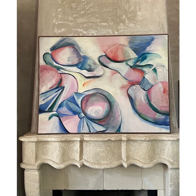 Large oil painting of sun hats by Joan Corrigan, signed on the reverse. Framed in a simple handmade wooden frame. Joan...