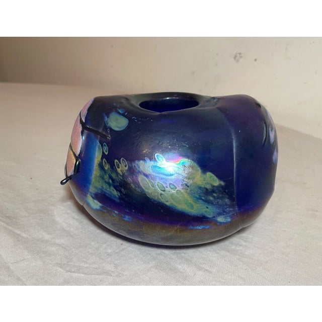 Unusual Hand Blown Iridescent Pearson Studio Art Glass Blue Vase Sculpture For Sale - Image 9 of 18