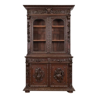 Antique French Renaissance Revival Carved Oak Breakfront Bookcase or Bar Cabinet, Circa 1880s For Sale