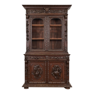 Antique French Renaissance Revival Carved Oak Breakfront Bookcase or Bar Cabinet, Circa 1880s