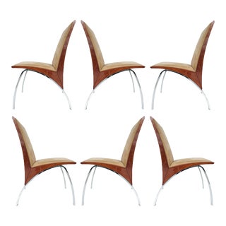 Vintage Italian Pietro Costantini Upholstered Dining Room Chairs Set of 6 in Wood and Chrome For Sale