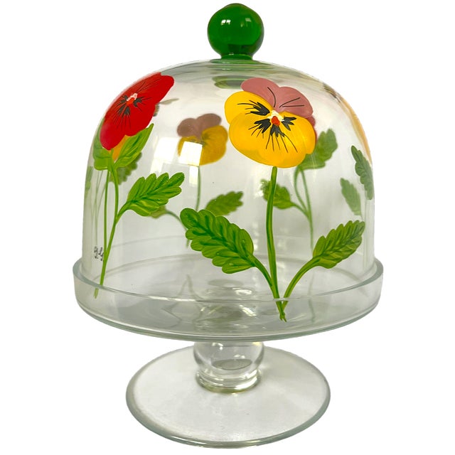 Shabby Chic Signed and Hand-Painted Glass Cake or Dessert Stand With Cloche Lid Decorated With Flowers and Bees For Sale - Image 3 of 8