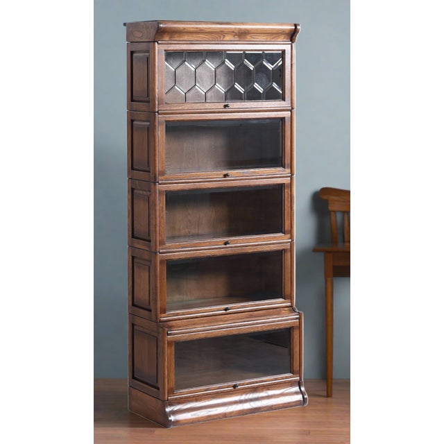 Mission Style Oak Barrister Bookcase 5 Stack-Leaded Glass in Micheals Cherry For Sale - Image 17 of 18