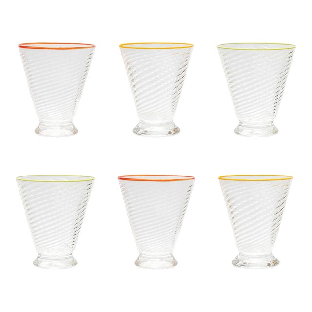 Celerie Kemble Glassware for Chairish Footed Twist Glasses in Assorted Colors with Multicolor Rim, Set of 6 For Sale