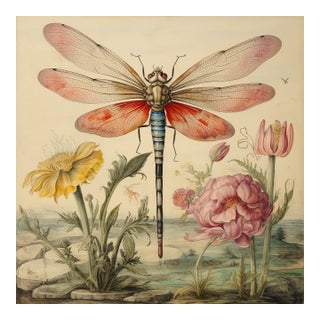 18' X 18' - 'Dragonfly and Flowers' # 1 - Original Botanical Print - Hortus Floridus Style, Unframed For Sale