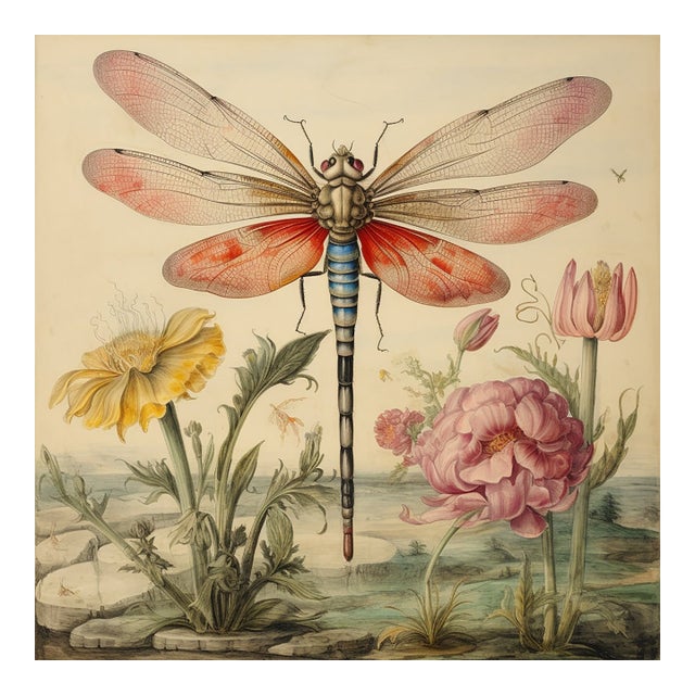 18' X 18' - 'Dragonfly and Flowers' # 1 - Original Botanical Print - Hortus Floridus Style, Unframed For Sale