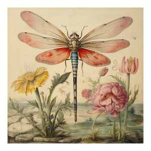 18' X 18' - 'Dragonfly and Flowers' # 1 - Original Botanical Print - Hortus Floridus Style, Unframed