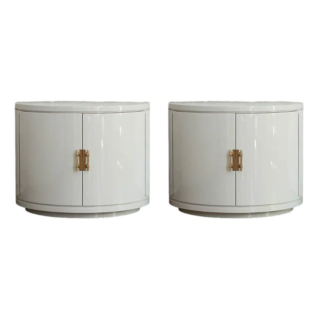 Ivory Lacquered Half-Moon Sideboards with Brass Details, 1930s, Set of 2 For Sale