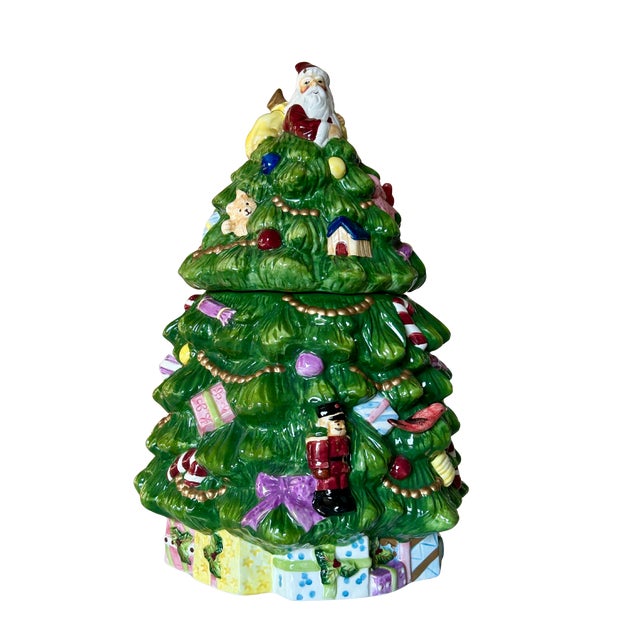 Mid-Century Modern Spode Christmas Tree Figural Cookie Jar – 13” Hand-Painted Ceramic Tree With Santa Topper | Iconic 1938 Spode Holiday Collection For Sale - Image 3 of 10