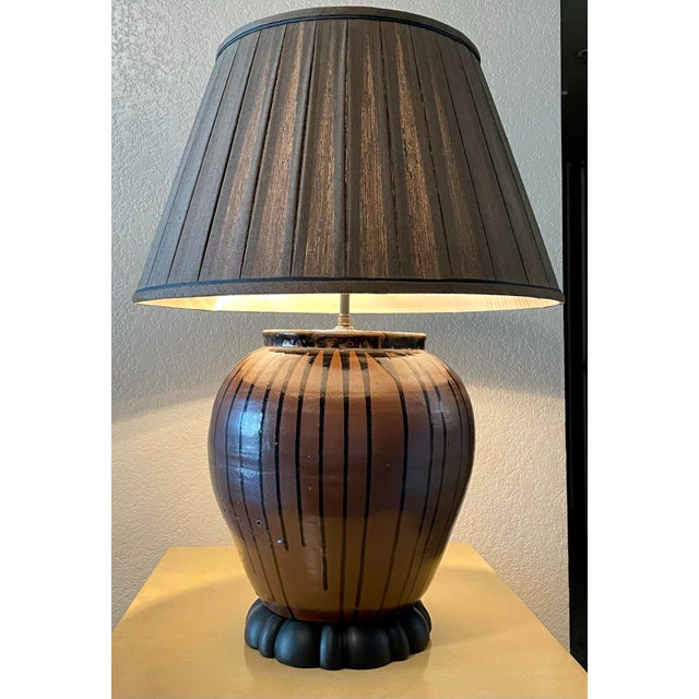19th Century Japanese Ceramic Drip Glazed Chocolate Lamp With Original Silk Lamshade For Sale - Image 4 of 12