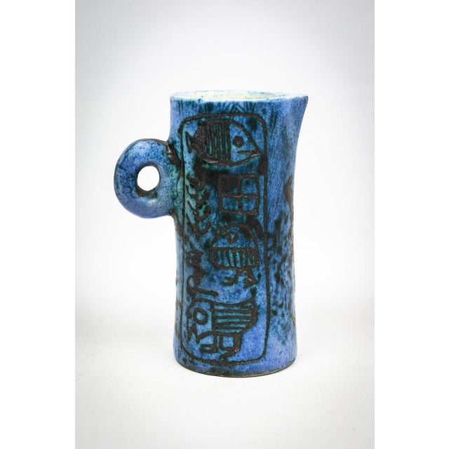 Small Mid-Century French Blue Ceramic Ewer with Engraved Decoration of Stylized Owls and Fish by Jacques Blin, 1950s For Sale - Image 15 of 15