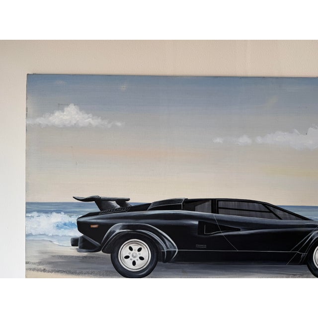 1980s Schamerhorn Black Lamborghini Countach on Sandy Beach Oil on Canvas Painting – Signed, Unframed For Sale In Miami - Image 6 of 14