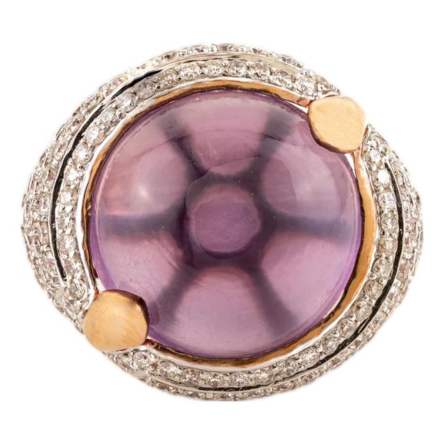 Antique Cocktail 14.21 CTW Amethyst Cabochon Ring With Cluster Diamonds in 18k Gold Size 6 For Sale