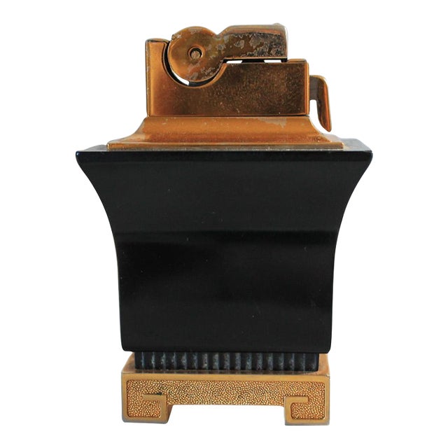 Hollywood Regency Style Black and Gold Tone Table Lighter W/ Greek Key Detail For Sale