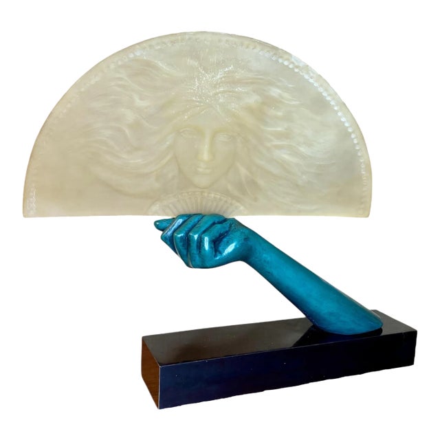 1984 Art Nouveau Hand Holding Frosted Lucite Fan With Imprinted Face Austin Productions Sculpture For Sale