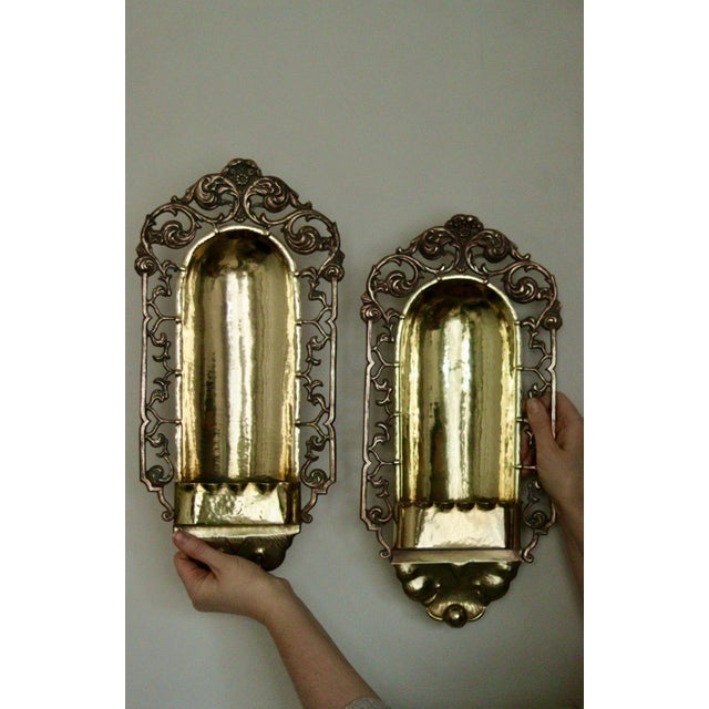 Antique Swedish Arts & Craft Copper & Brass Sconces, Set of 2 For Sale - Image 10 of 16