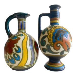 Vintage 1920s Gouda Holland Art Nouveau Hand Painted Dutch Art Pottery Handled Ewer Bottle Vases - Set of 2