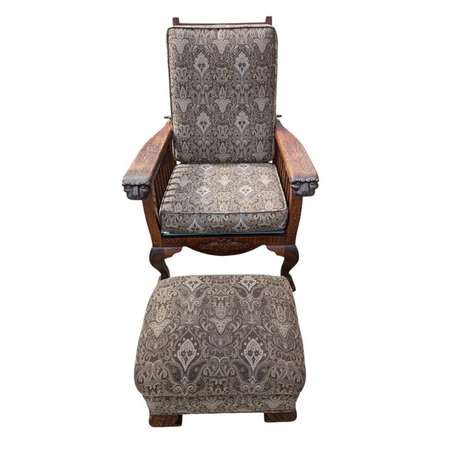 Antique Arts & Crafts Carved Oak Morris Recliner & Ottoman For Sale - Image 4 of 11