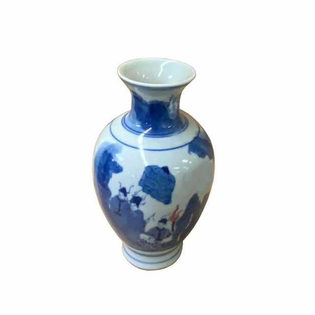 Chinese Red Blue White Porcelain Hand-Painted Graphic Small Vase For Sale - Image 4 of 6