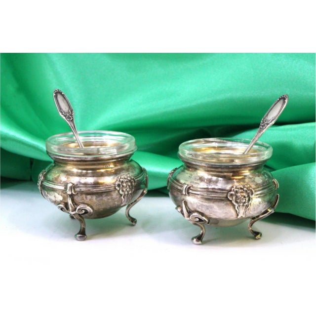 Silver Salt and Pepper Shakers Glass Cores and Embossed Spoons, Set of 4 For Sale - Image 5 of 7