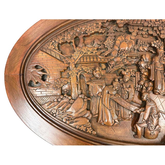 Brown Mid-20th Century Chinese Massive Oval Carved Coffee Table With 6 Nesting Stools For Sale - Image 8 of 12