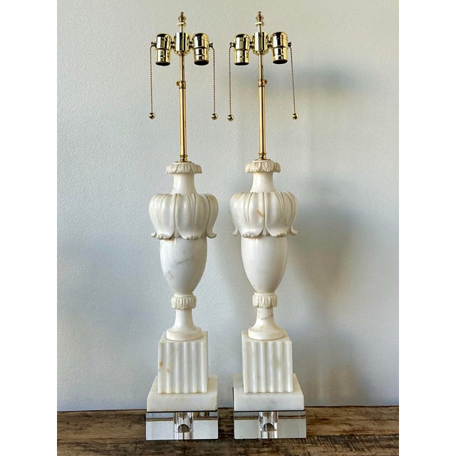 Alabaster Vintage Carved Marble Lamps - A Pair For Sale - Image 8 of 12