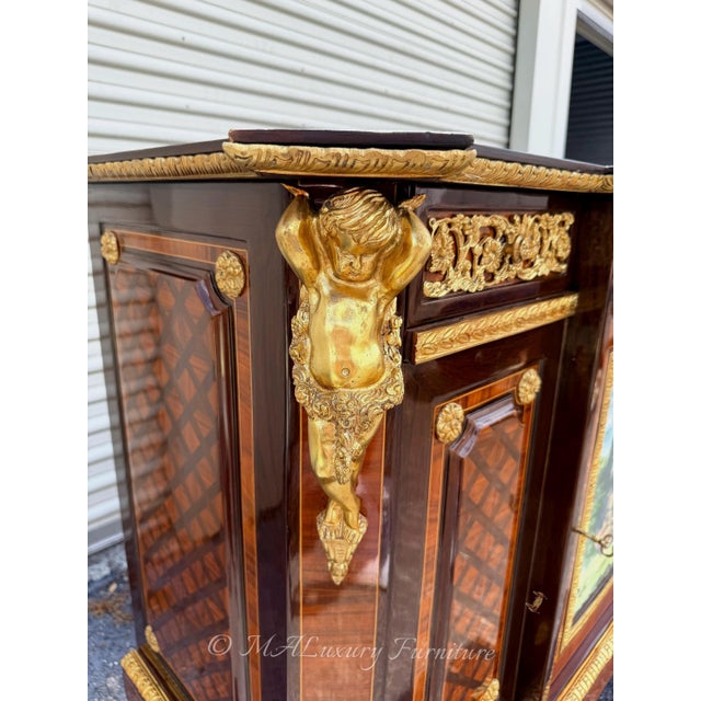 Vintage Marquetry French Cabinet with Ormolu Mounts Marble top For Sale - Image 4 of 10