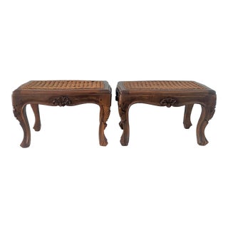 Vintage Neiman Marcus Italian Hand Carved Walnut Caned Top Foot Stools - a Pair For Sale
