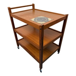 Mid Century Danish Teak Bar Cart With Tile Insert by BRDR. Furbo, Attributed For Sale