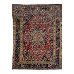 Rosette Designed Vintage Mashad Persian Wool Rug in Red