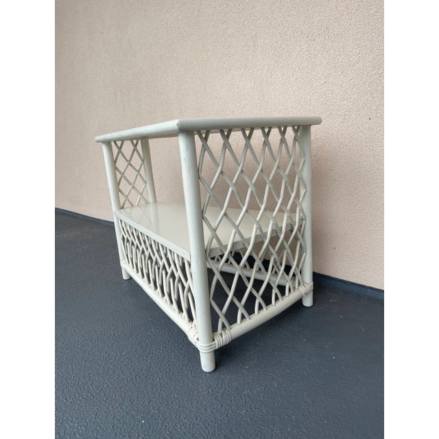 Boho Chic 1950’s Henry Olko for Willow & Reed White Lattice Rattan Triangular Corner Table For Sale - Image 3 of 13